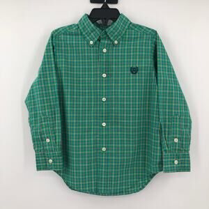 Chaps Green Yellow Plaid Long Sleeve Embroidered Crest Button Down Dress Shirt